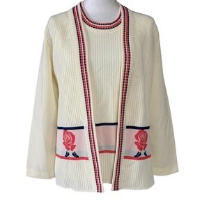 Manicotti Knits Women's S Ivory Rose Floral Twinset Cardigan & Shell Sweater Set